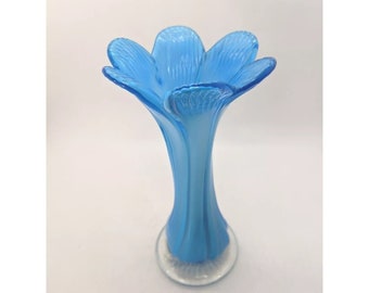 Vintage Blown Glass VASE Art Deco Encased Blue Flower Clear Base 7.5”