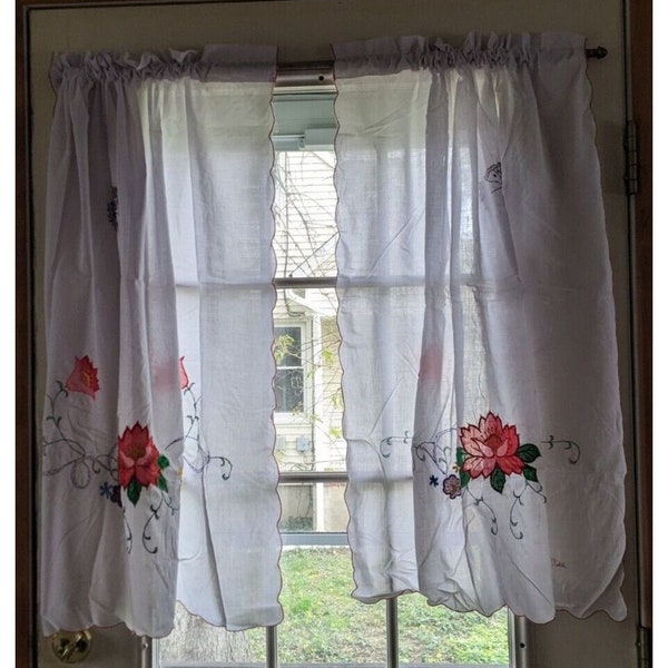 Handmade Embroidered Sheer Cafe Curtain Panel Set 1 Window Artist Signed 34x34