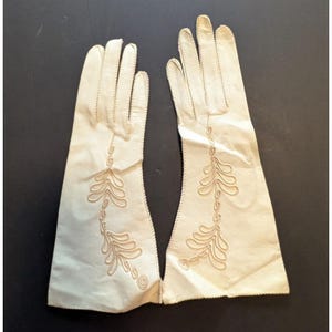 Vintage Kidskin Leather Formal Gloves Cream with Beige Embroidery Small