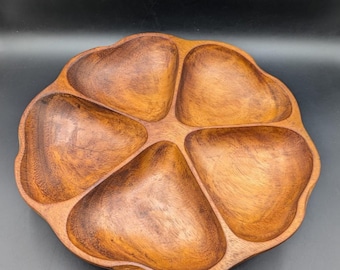 5 Section Lazy Susan Serving Set Monkey Pod Wood Turntable Vintage 11.5"