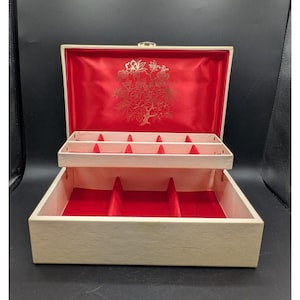Vintage Buxton Jewelry Box Organizer Off White Ivory Red Velvet Satin Lining 11"