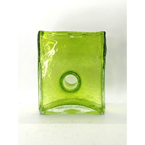 Vtg Green Art Glass VASE Hand Blown Bubble Glass Square with Hole in Center 6"