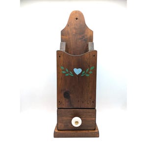 Vintage Wall Hanging Wood Pipe Box with Drawer Porcelain Knob Painted Heart 17"