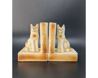 Vintage Occupied Japan Ceramic Dogs German Shepherd with Book Bookends