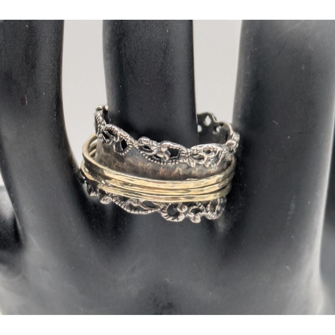 Vtg Sterling Silver Open Work Gold Spinner Fidget Ring Size