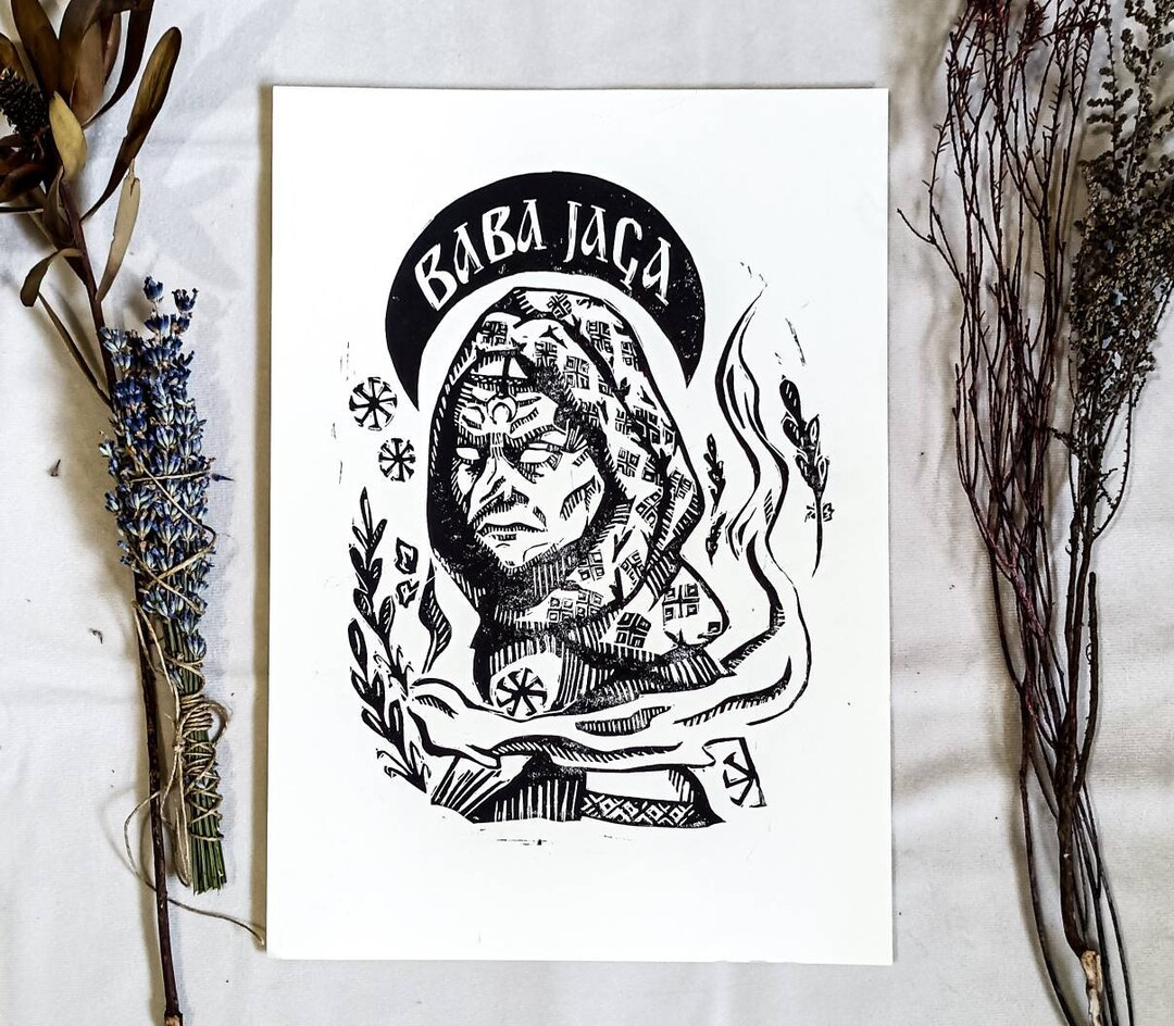 Baba Yaga Lettering Folk Style Baba Yaga Linocut Print - Handcrafted on A4 Paper, Perfect ...