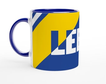 Leeds Coffee Mug Tea Cup - COLOURED Handle CUP - Leeds United LUFC - Blue Yellow 11oz Ceramic Mug