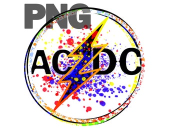 May include: A black and white circle with a yellow lightning bolt and the text "AC/DC" in black. The circle is surrounded by a colorful splatter pattern.