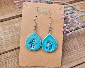 Blue ceramic drop-shaped earrings with clef and music note ceramic jewelry birthday gift for Mother's Day ceramic earrings