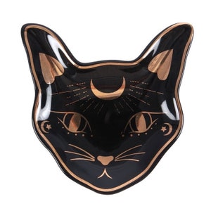 Mystic Mog Cat Face Trinket Dish Trinket Tray // 10.5cm black & gold jewellery dish, mystical decor, gift ideas for her, friend, cat lovers