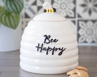 Bee Happy Ceramic Jar with Lid // Kitchen biscuit sweets cookies storage jar, wax melt storage jar, breakfast table, dining table