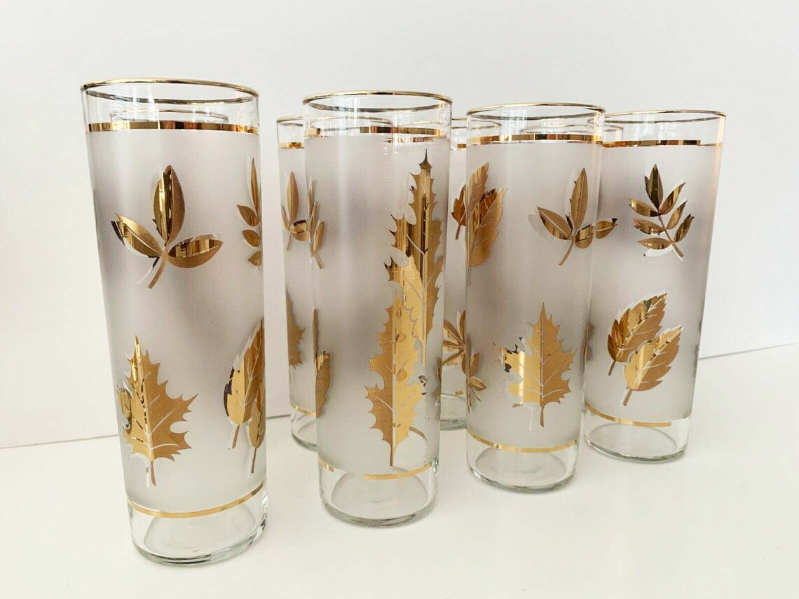 Vintage Libbey Gold Leaf Highball Glasses Set of Eight Etsy