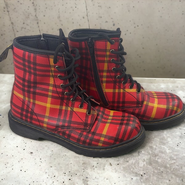 Dr. Martens 1460 Tartan Y Red Yellow Black Plaid Leather Boot US Women's Size 6