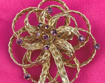 Vtg. Estate. Braided Gold Rope Bow Brooch w/ purple rhinestones.