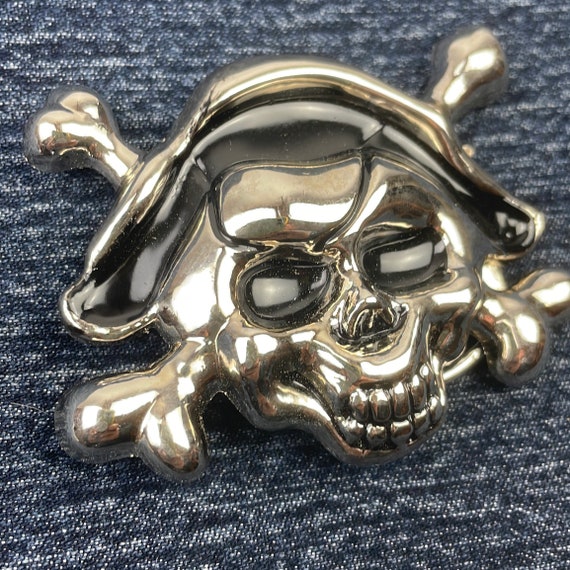 Large Silver Chrome Skull and Bones Steam Punk Belt Buckle Cross Necklace