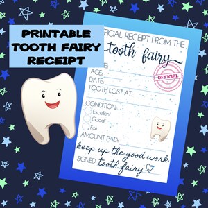 Carta de recibo de fada de dente azul para impressão, certificado oficial, download digital para crianças, menino, menina, primeiro dente perdido perdido