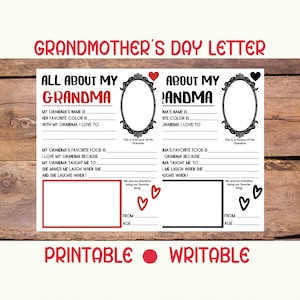 Para imprimir Tudo sobre minha avó Avó Gran Step-Vovó Avó Abuela Carta Nota Ideias para presentes de Dia das Mães Impressão em PDF gravável