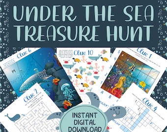 Outdoor Under The Sea Ocean Treasure Hunt Kids Printable Puzzle Activity Clues Garden At Home Birthday Party Children 8-12  Scavenger Game