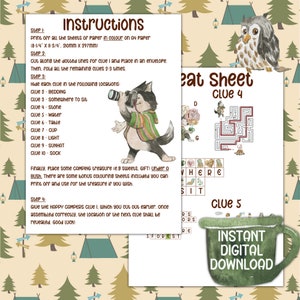 May include: A printable camping-themed treasure hunt game with instructions, clues, and illustrations. Includes a maze, word puzzle, and a watercolor-style illustration of a wolf with a telescope. Features the text "Instant Digital Download."