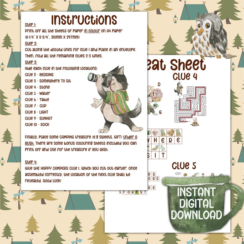 May include: A printable camping-themed treasure hunt game with instructions, clues, and illustrations. Includes a maze, word puzzle, and a watercolor-style illustration of a wolf with a telescope. Features the text "Instant Digital Download."