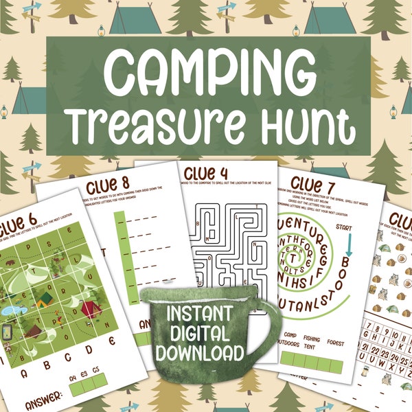 Outdoor Camping Treasure Hunt For Kids Printable Puzzle Fun Campsite RV Activity Clues Backyard Campout Children 8-12 Summer Scavenger Game