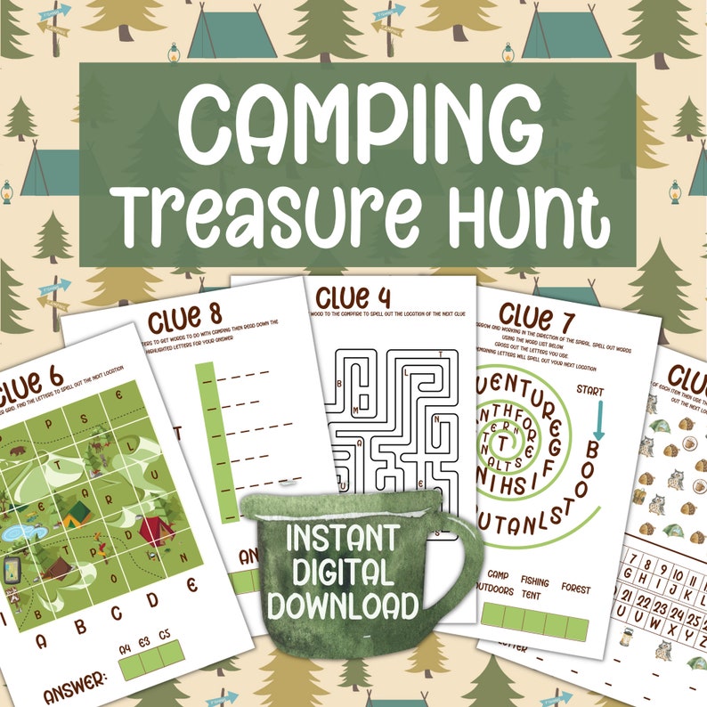 May include: A Camping Treasure Hunt digital download with various clues, including a maze, word search, and map. The design features a green mug with "Instant Digital Download" text, and a background with camping-themed illustrations.