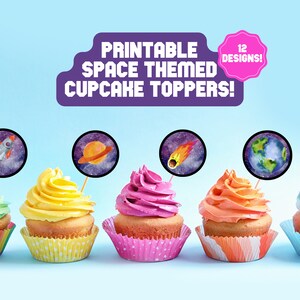 Printable Space Cupcake Cake Toppers Astronaut Galaxy Planets Centerpiece Digital Download