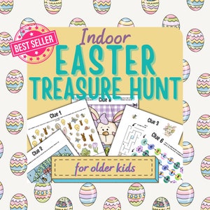 Peut inclure: Chasse au trésor de Pâques d'intérieur pour les enfants plus âgés. Un jeu imprimable avec huit indices, chacun avec un puzzle différent à résoudre. Les puzzles comprennent une recherche de mots, un labyrinthe, une image cachée et un briseur de code.