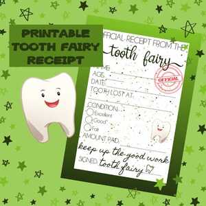 Carta de recibo de fada de dente verde para impressão, certificado oficial, download digital para crianças, menino, menina, primeiro dente perdido perdido