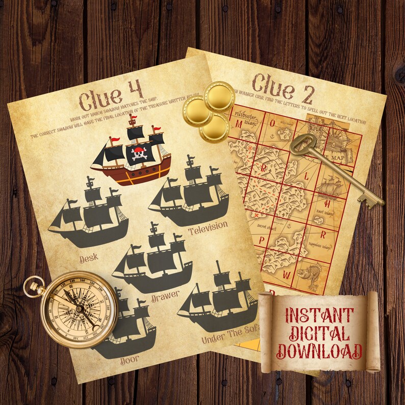 Printable Indoor Pirate Treasure Hunt for Kids Themed Puzzle Activity Clues Birthday Party ...