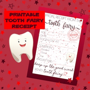 Rojo imprimible Hada de los dientes Recibo Carta Nota Certificado oficial Descarga digital para niños Niños Niño Niña Primer diente perdido perdido