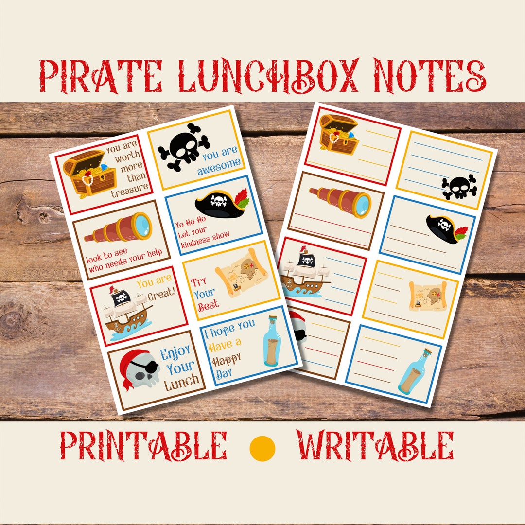 Printable Positive Encouraging Pirate Themed School Lunch Lunchbox Notes Letters Pack for Kids ...