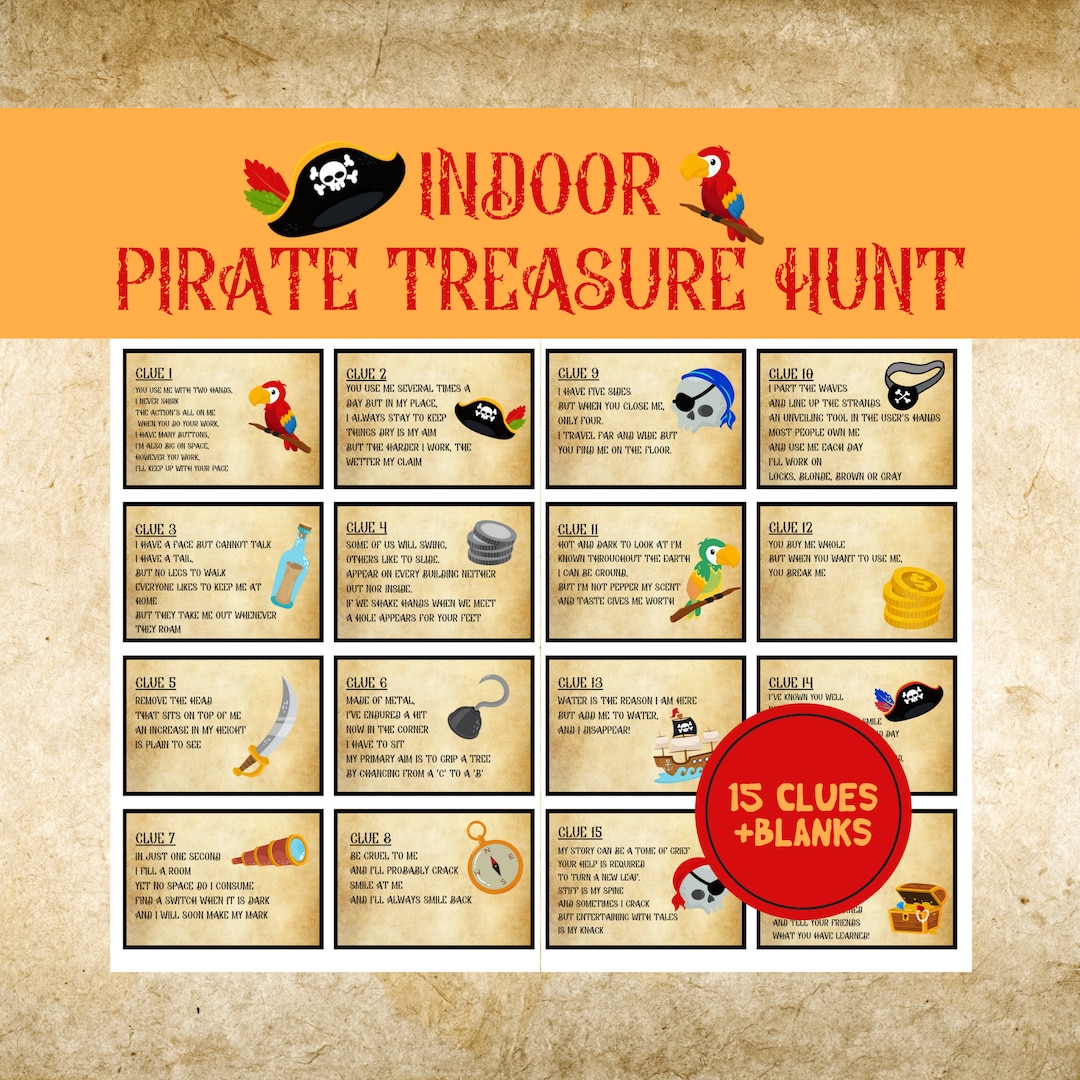 Printable Indoor Pirate Treasure Hunt Cards for Kids Printable Themed Puzzle Activity Clues ...