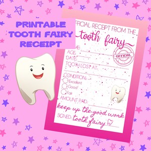 Carta de recibo de fada de dente rosa imprimível nota certificado oficial download digital para crianças menino menina primeiro dente perdido perdido