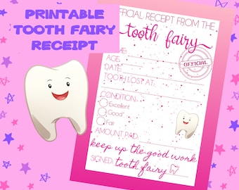 Pink Printable Tooth Fairy Receipt Letter Note Official Certificate Digital Download For Kids Children Boy Girl First Missing Lost Tooth