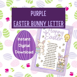 Printable Purple Easter Cards Bunny Rabbit Letter Digital Print Note For Young Kids