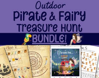 Paquete de búsqueda del tesoro de hadas y piratas al aire libre para niños Rompecabezas imprimible Actividad Pista Jardín Patio trasero Fiesta de cumpleaños Juego de búsqueda para niños