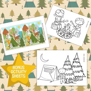May include: A collection of children's activity sheets with a camping theme. Includes a "find the differences" game, and two coloring pages depicting camping scenes with a tent, campfire, and forest animals. A yellow star-shaped graphic reads "BONUS ACTIVITY SHEETS."