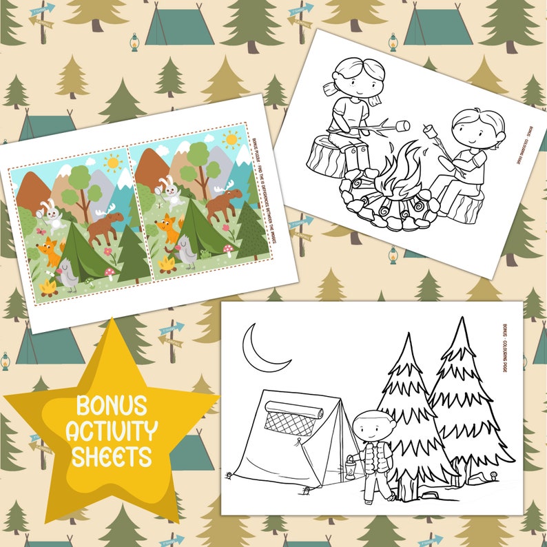 May include: A collection of children's activity sheets with a camping theme. Includes a "find the differences" game, and two coloring pages depicting camping scenes with a tent, campfire, and forest animals. A yellow star-shaped graphic reads "BONUS ACTIVITY SHEETS."