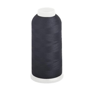 May include: A spool of dark navy blue thread. The thread is tightly wound around a cylindrical core, with a white top and base. The thread appears smooth and has a slight sheen, suggesting a high-quality material suitable for sewing and crafting projects.