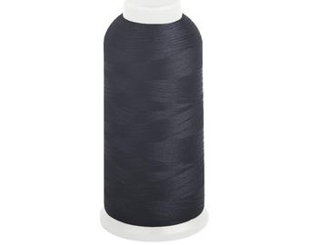 May include: A spool of dark navy blue thread. The thread is tightly wound around a cylindrical core, with a white top and base. The thread appears smooth and has a slight sheen, suggesting a high-quality material suitable for sewing and crafting projects.