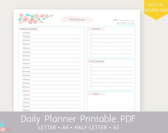 Printable PDF Daily Planner | A5, Half-letter, A4, Letter Size Daily Planner Inserts | Daily Printable Planner Sheets