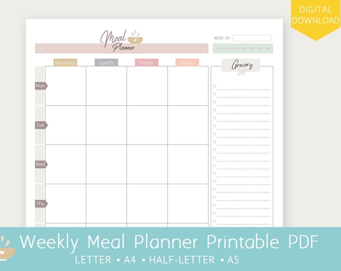 Printable PDF Weekly Meal Planner A5 Half-letter A4 - Etsy
