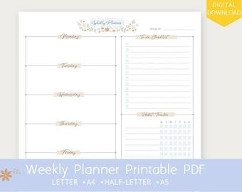 Puede incluir: Un planificador semanal imprimible con un diseño floral. El planificador incluye secciones para del lunes al domingo, una lista de tareas pendientes y un rastreador de hábitos. El planificador está disponible en tamaños carta, A4, media carta y A5.