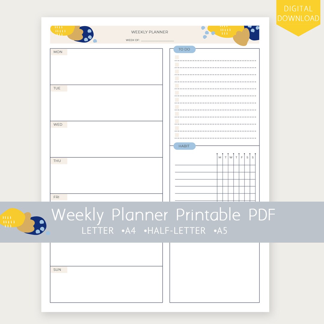 Printable PDF Weekly Planner A5, Halfletter, A4, Letter Size Weekly