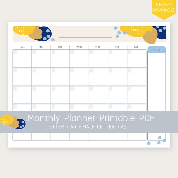 Printable PDF Undated Monthly Planner A5 Half-letter A4 - Etsy