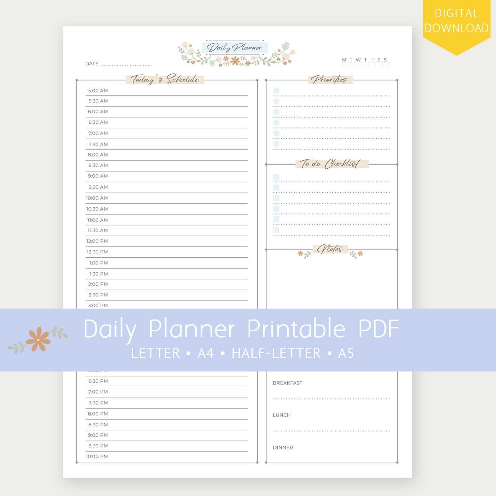 Printable PDF Daily Planner A5, Halfletter, A4, Letter Size Daily