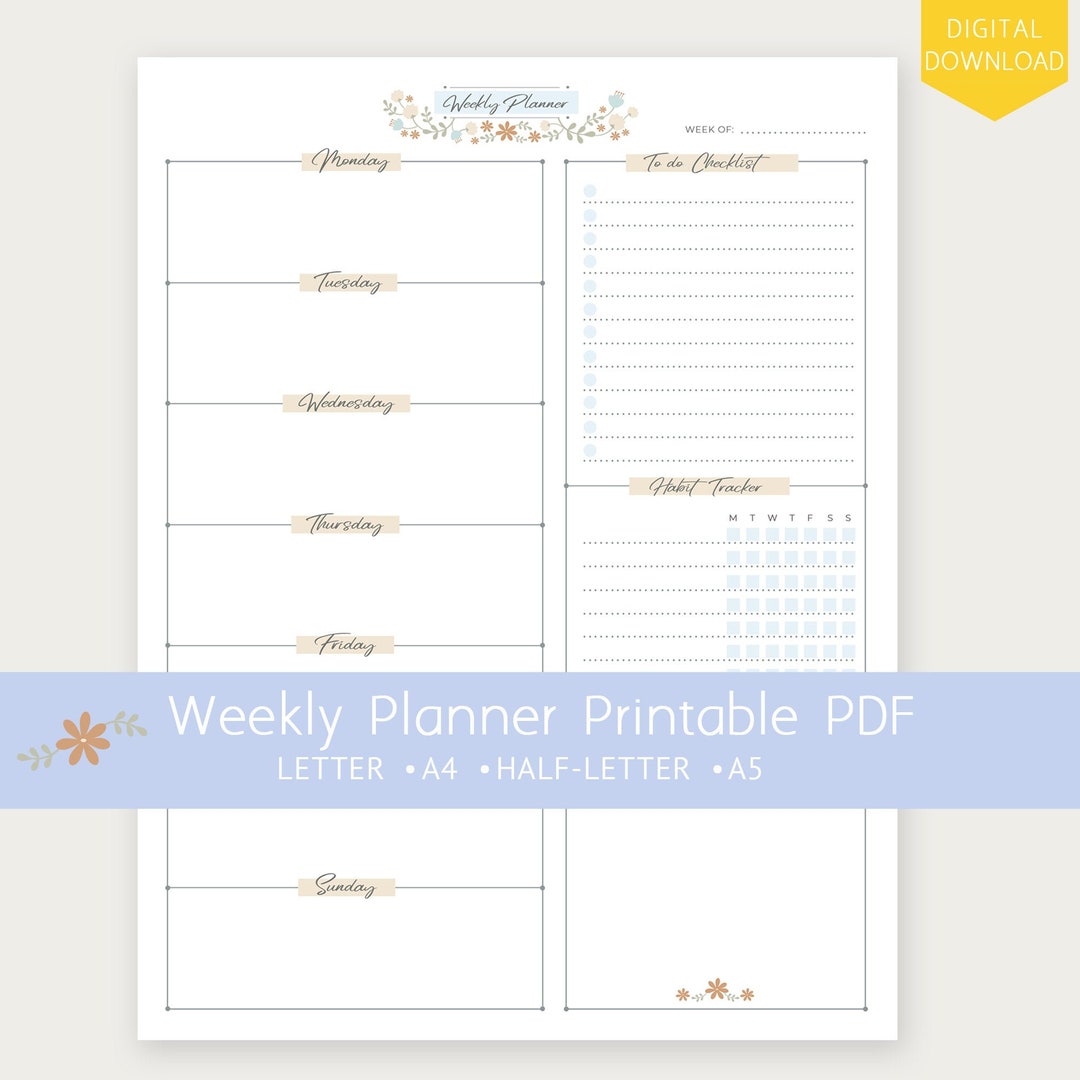 Printable PDF Weekly Planner A5, Halfletter, A4, Letter Size Weekly