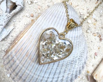 Seashell Resin Pendant Necklace | Gold Flake, Hypoallergenic Chain