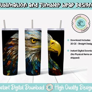 Stained Glass Bald Eagle Tumbler Wrap PNG Tumbler Designs Sublimation Designs Downloads - Skinny 20oz Wrap - PNG